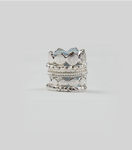 6 Pack Silver Textured Ring Stack | New Look