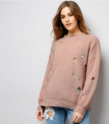 Pink Embellished Ladder Knit Jumper | New Look