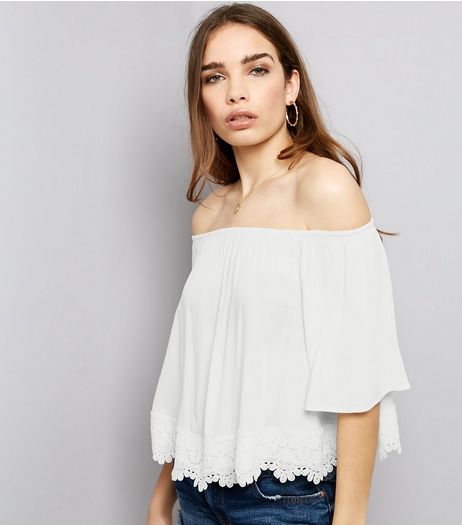 White Crochet Lace Hem Bardot Neck Top | New Look