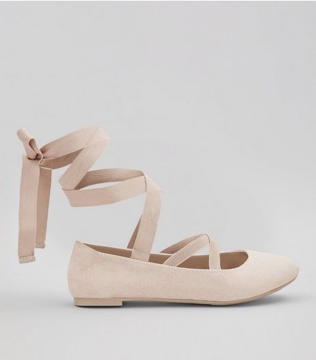 Teens Shell Pink Suedette Ankle Tie Ballet Pumps | New Look