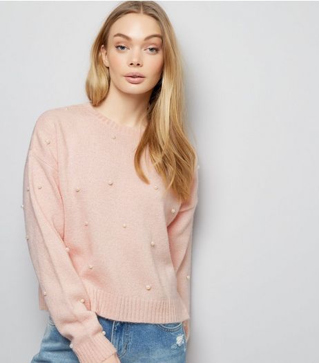 Pink Pearl Embellished Cropped Jumper | New Look