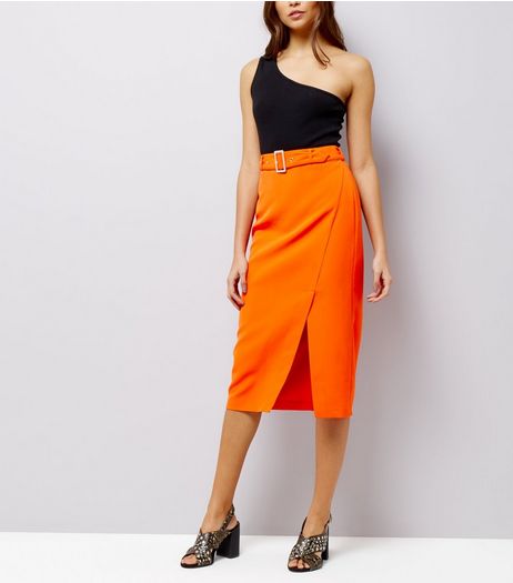 Orange Belted Wrap Front Midi Skirt | New Look