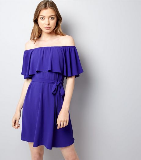 Purple Frill Layered Bardot Neck Dress | New Look