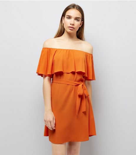 Orange Frill Layered Bardot Neck Dress | New Look