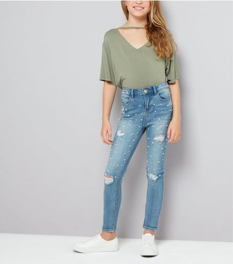 Teens Blue Pearl Embellished Skinny Jeans | New Look