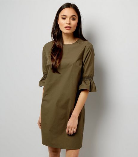 Khaki Shirred Bell Sleeve Tunic Dress | New Look