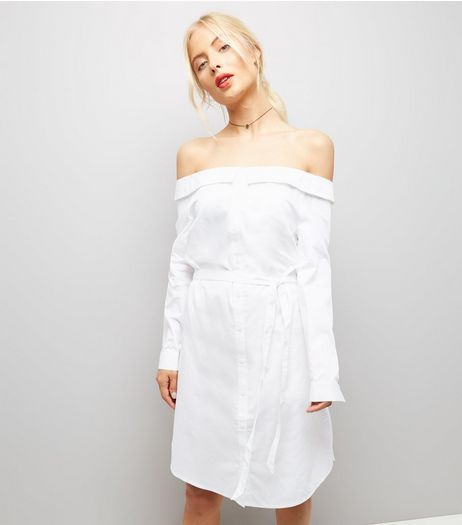White Bardot Neck Shirt Dress | New Look