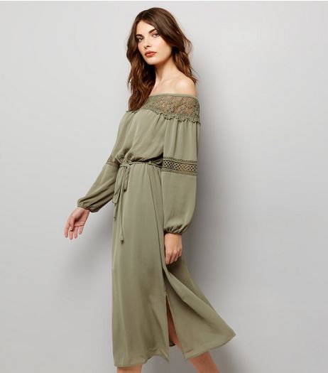 Khaki Crochet Lace Trim Bardot Neck Midi Dress | New Look