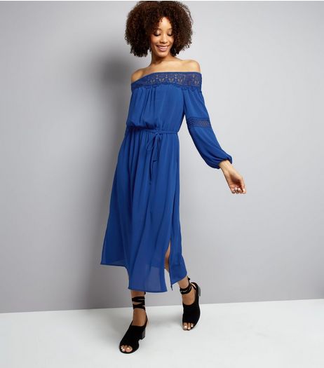 Blue Crochet Lace Trim Bardot Neck Midi Dress | New Look