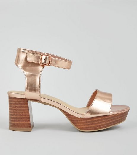 Teens Rose Gold Metallic Block Heeled Sandals | New Look