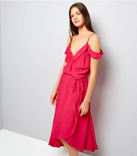 Bright Pink Frill Trim Wrap Front Midi Dress | New Look