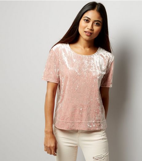 Petite Pink Crushed Velvet T-Shirt | New Look