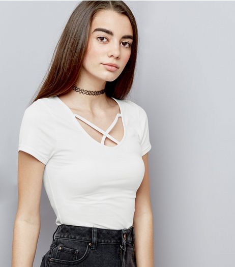 Teens White Cross Strap Front Short Sleeve Top | New Look