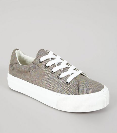 Grey Iridescent Chunky Sole Lace Up Trainers | New Look