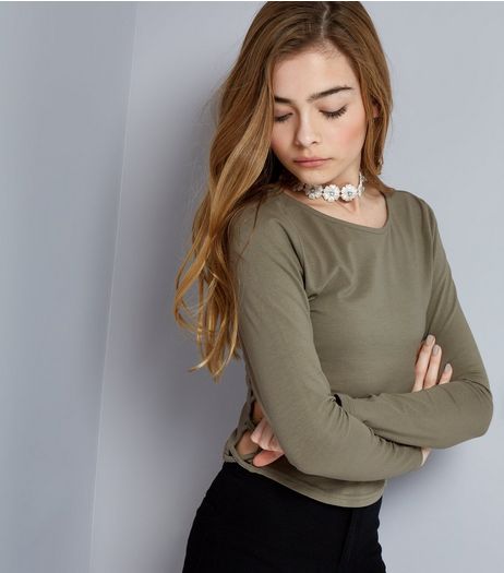 Teens Khaki Lattice Side Long Sleeve Top | New Look