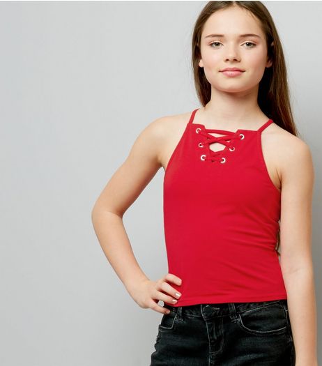 Teens Red Eyelet Lattice Front High Neck Cami | New Look