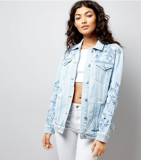 Blue Floral Cut Out Trim Denim Jacket | New Look