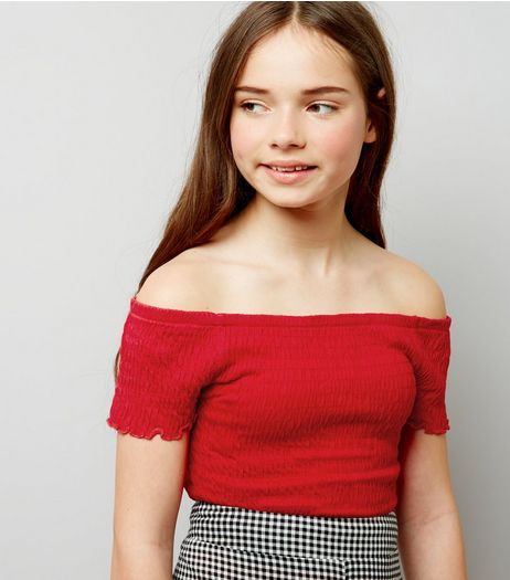 Teens Red Shirred Frill Edge Bardot Neck Top | New Look
