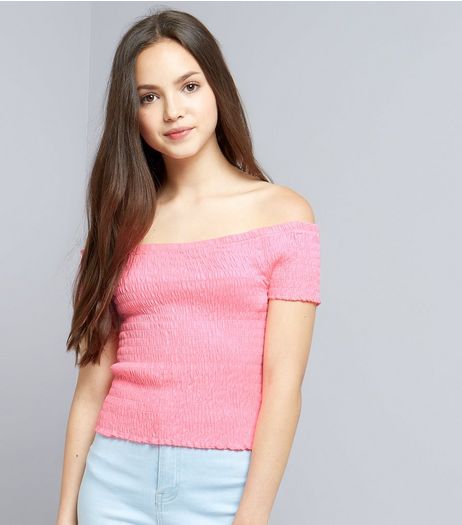 Teens Pink Shirred Frill Edge Bardot Neck Top | New Look