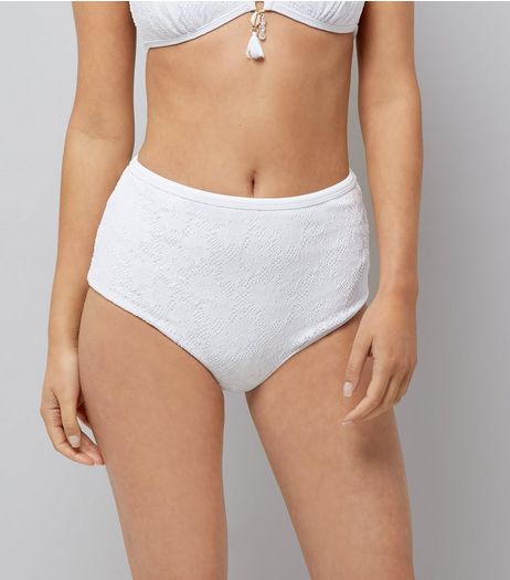 White Crochet Lace High Waist Bikini Bottoms | New Look