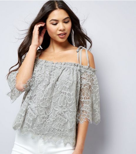 Pale Grey Lace Cold Shoulder Top | New Look