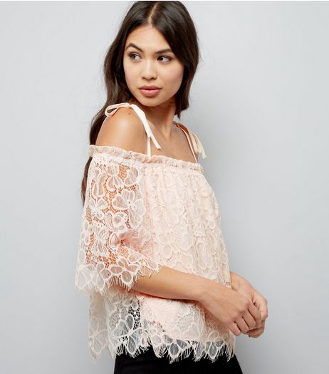 Pale Pink Lace Cold Shoulder Top | New Look