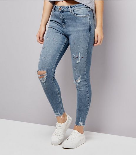 Blue Paint Splat Ripped Skinny Jenna Jeans | New Look