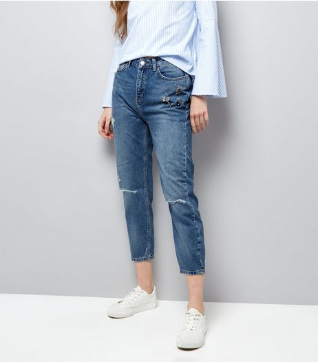Blue Brooch Trim Ripped Knee Cropped Jeans | New Look