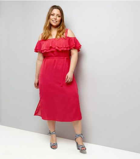 Curves Deep Pink Frill Trim Bardot Neck Midi Dress | New Look