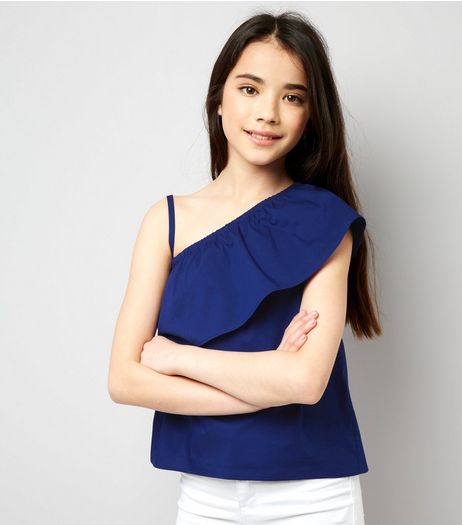 Teens Blue Asymmetric Frill Trim Top | New Look