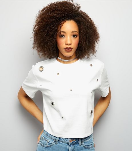 White Eyelet Trim Short Sleeve T-Shirt | New Look
