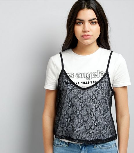White Los Angeles Print Lace Cami 2 in 1 Top | New Look