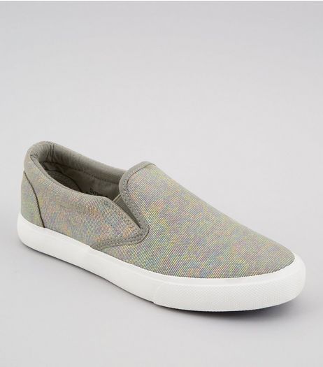 Silver Iridescent Canvas Plimsolls | New Look