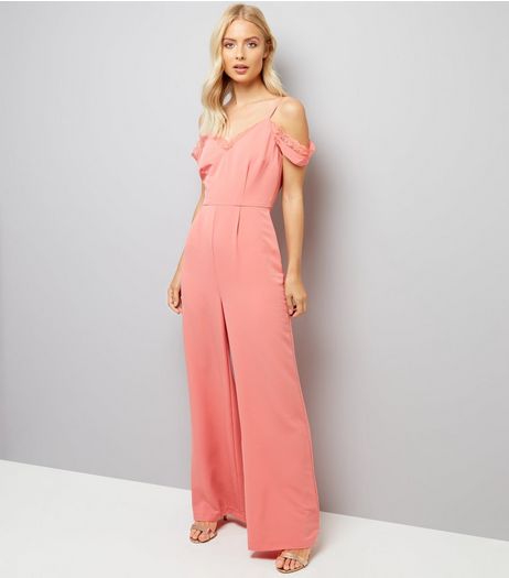 Coral Lace Trim Cold Shoulder Jumpsuit | New Look