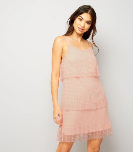 Orange Pleated Mesh Tiered Dress | New Look