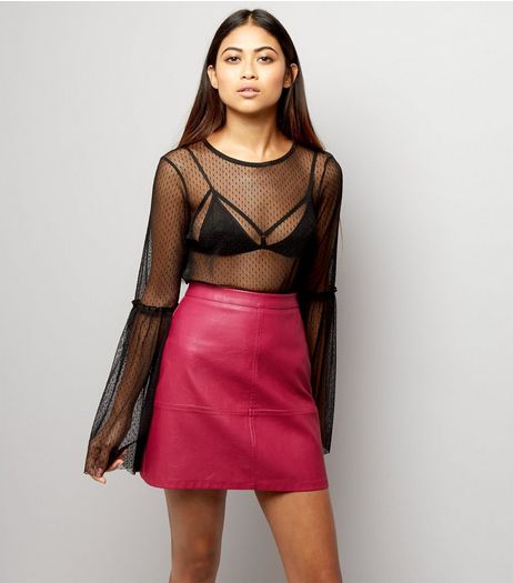 Petite Bright Pink Seam Trim Leather-Look Mini Skirt | New Look