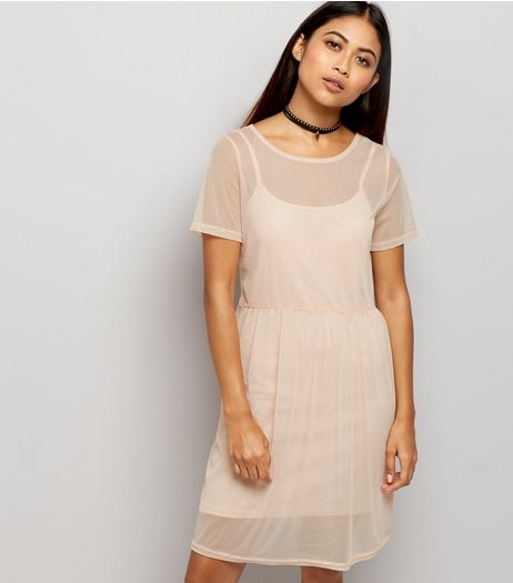 Petite Shell Pink Mesh Smock Dress | New Look