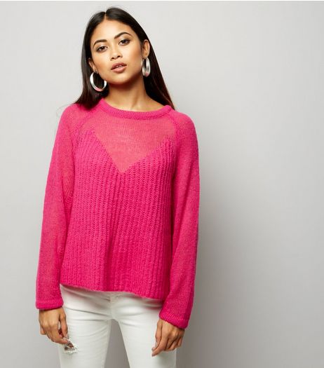 Petite Bright Pink Contrast Knit Jumper | New Look