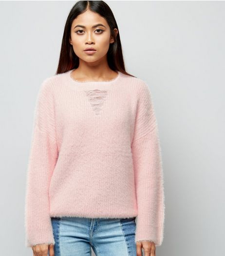 Petite Shell Pink Ladder Front Flare Sleeve Jumper | New Look