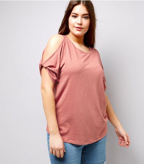 Curves Pink Twist Sleeve Cold Shoulder T-Shirt | New Look