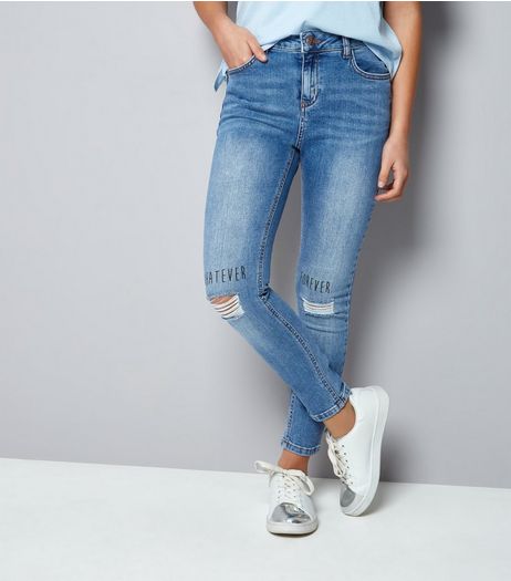 Teens Blue Whatever Forever Slogan Ripped Skinn Jeans | New Look
