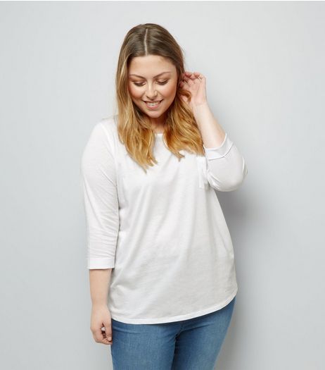Curves White 3/4 Sleeve Single Pocket Top | New Look