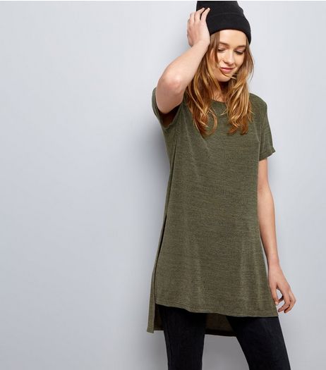 Khaki Split Side Longline T-Shirt | New Look