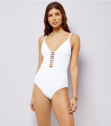 White Plunge Lattice Front Swimsuit | New Look