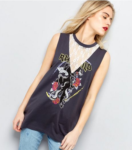 Dark Grey Lace Panel Rock Tank Top | New Look