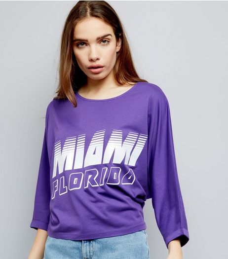 Purple Miami Florida Print Batwing Sleeve T-Shirt | New Look