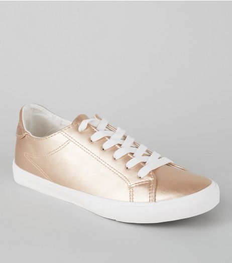 Rose Gold Metallic Lace Up Trainers | New Look