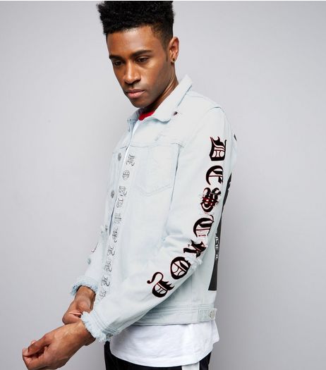 Blue Distressed Script Print Denim Jacket | New Look
