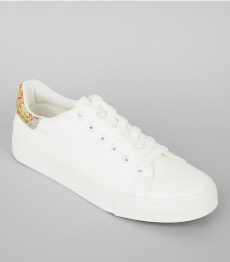 White Floral Brocade Trim Trainers | New Look