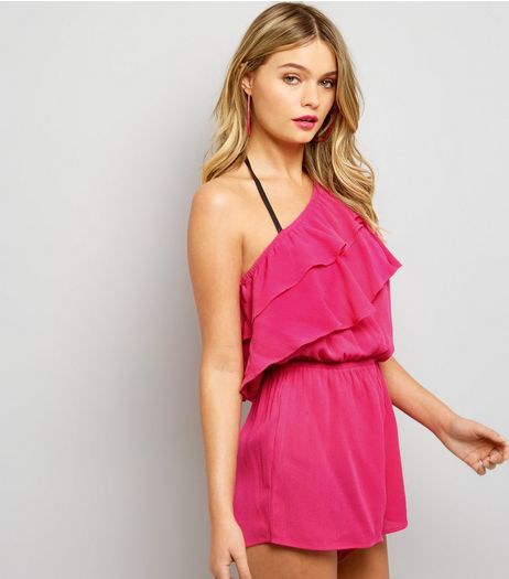 Pink Asymmetric Frill Trim Beach Playsuit | New Look